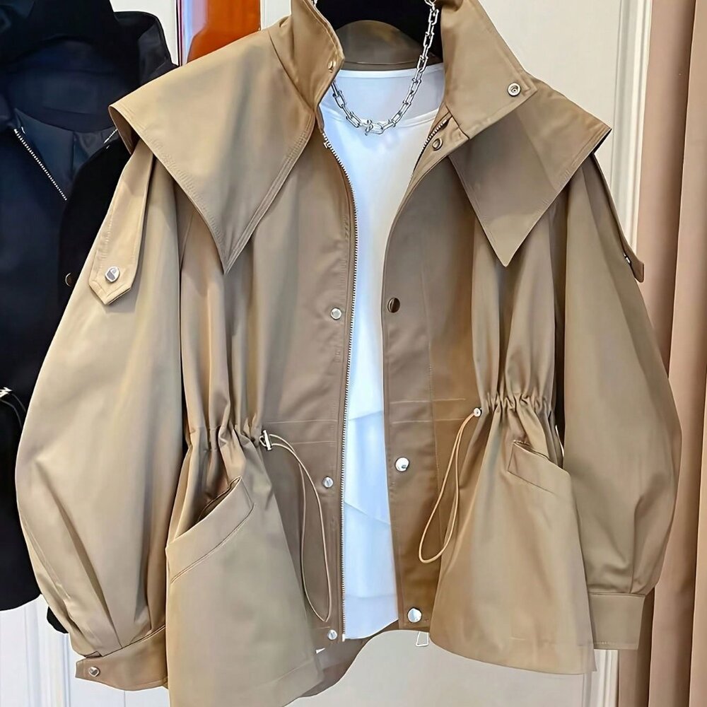 Khaki Casual Women's Drawstring Pockets Front Button Trench Coat
